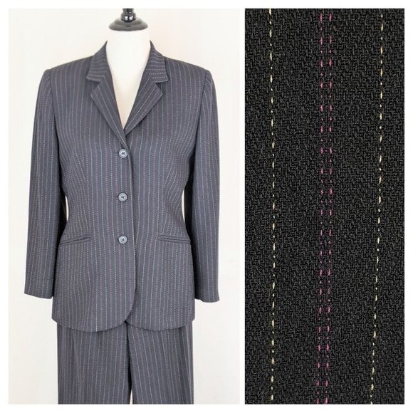 Women's Two Piece Pinstriped Black Pant Suit Matching Blazer Trouser Set Petite - Picture 1 of 10